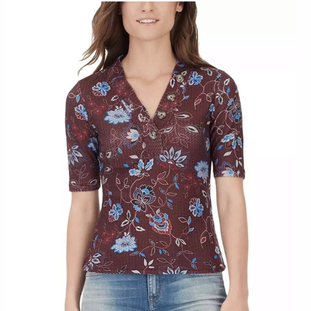 William Rast Floral Waffle Knit V-Neck Top Size L